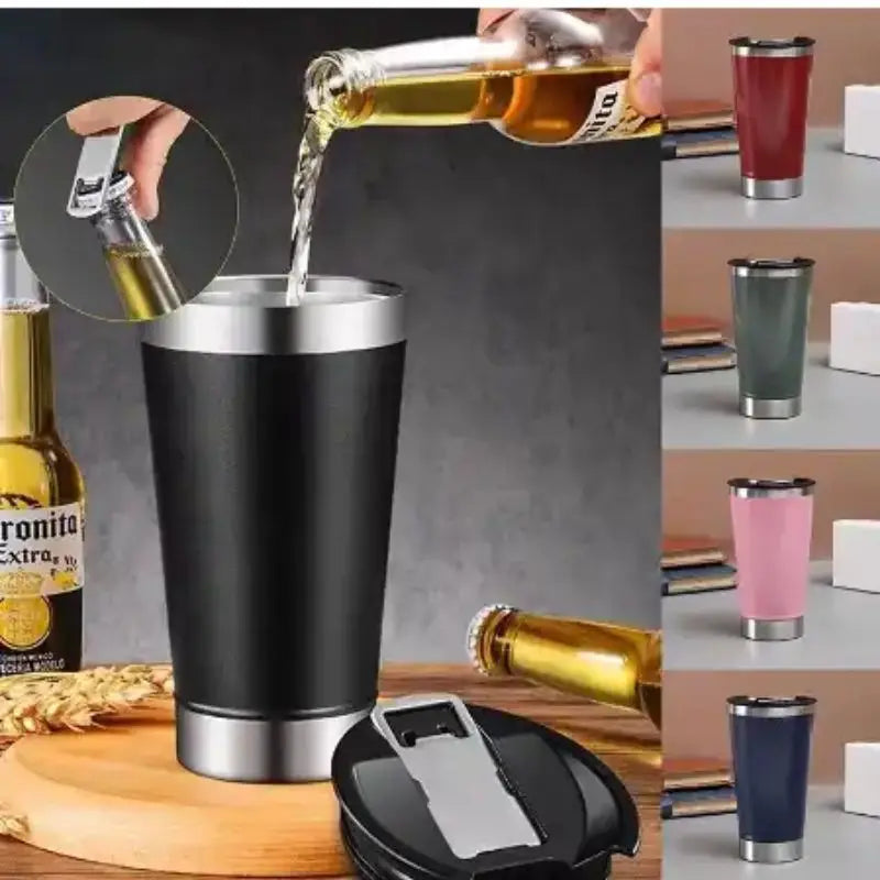 Copo Térmico de Cerveja Inox 473ml com Tampa e Abridor – Parede Dupla